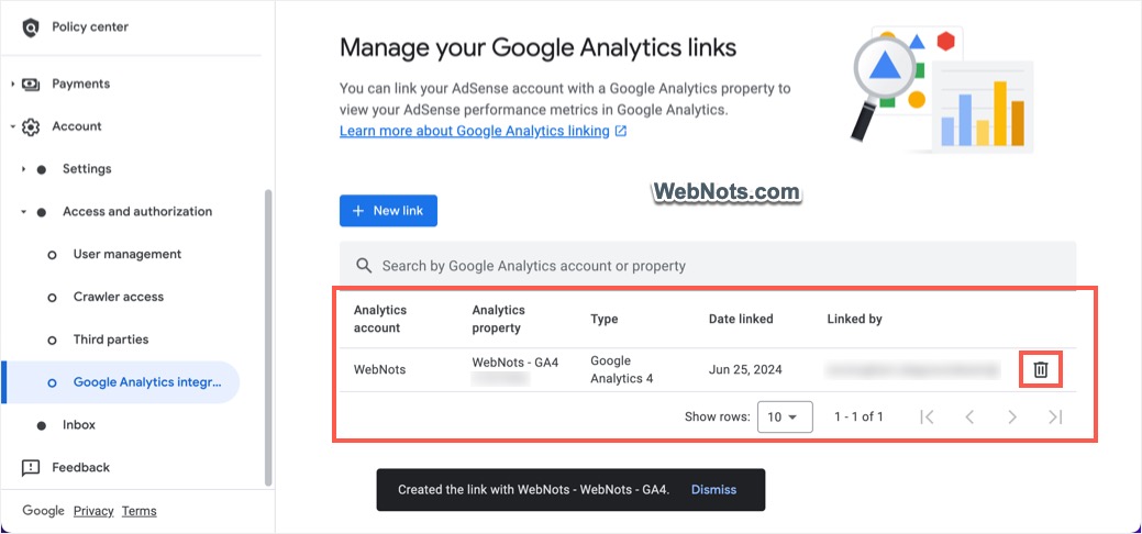View and Delete GA4 Property in AdSense Account