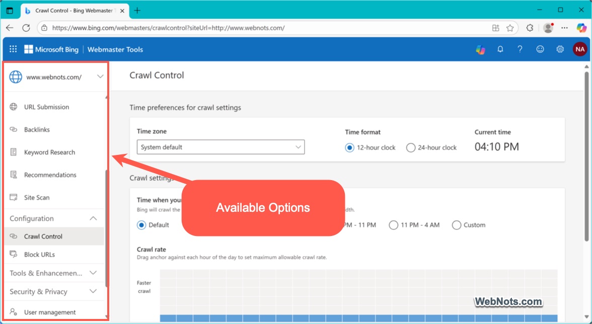 Bing Webmaster Tools Options