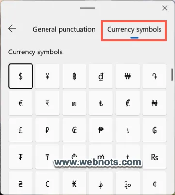 Currency Symbols in Windows 11 Emoji Keyboard