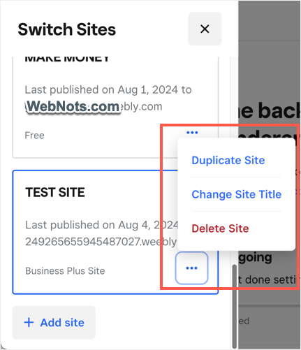 Duplicate or Delete Weebly Site