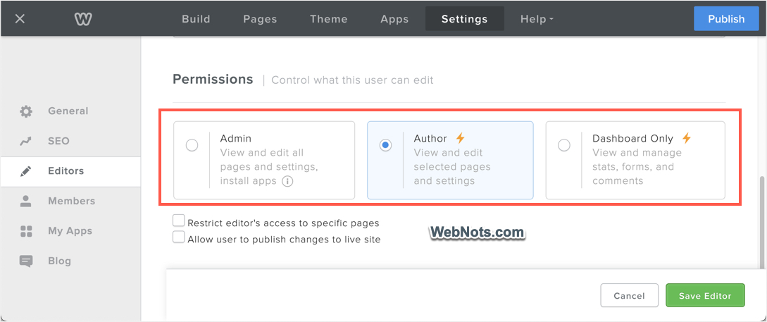 Editor Permissions in Weebly