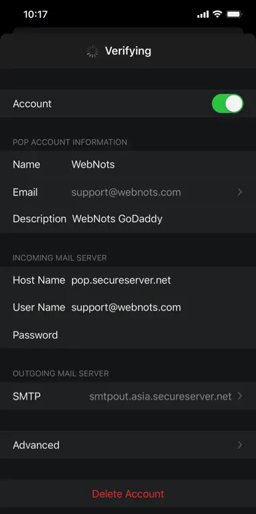 Enter Email Server Details