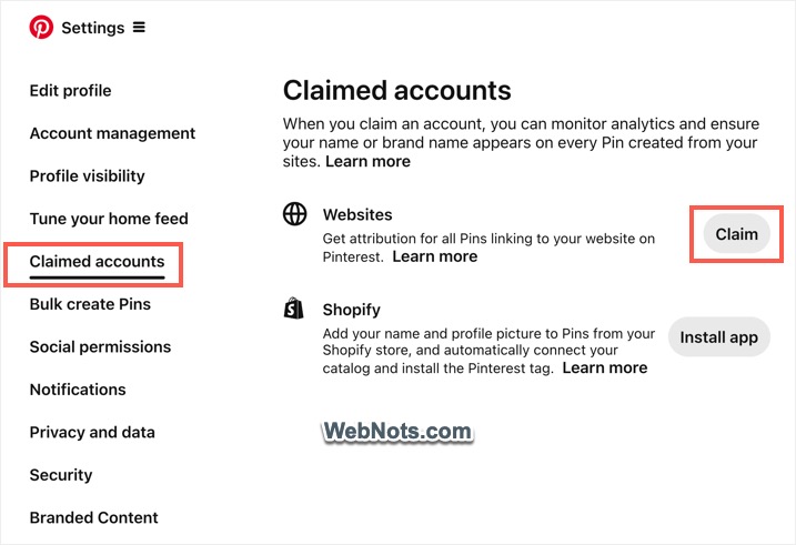 Claim Website in Pinterest Settings