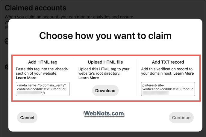 Claiming Site Options in Pinterest