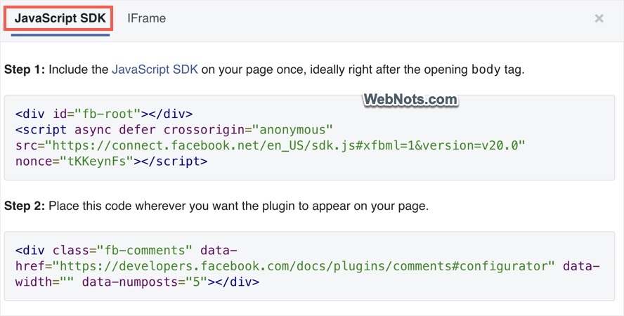 Copy JavaScript SDK Code for Facebook Comments
