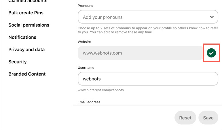 Site Verified in Pinterest