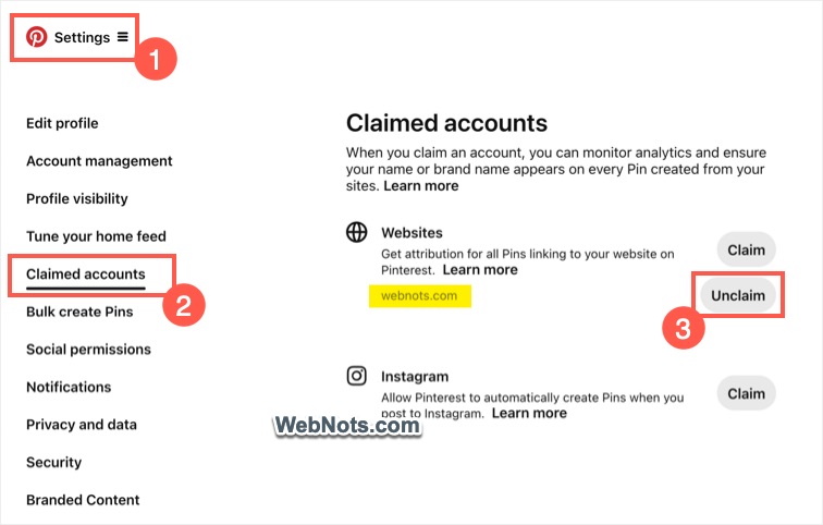Unclaim Website in Pinterest
