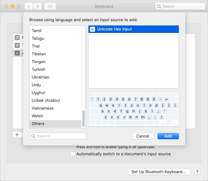 Add Unicode Hex Input Keyboard in Mac