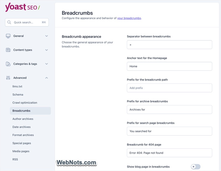 Breadcrumbs Settings in Yoast SEO