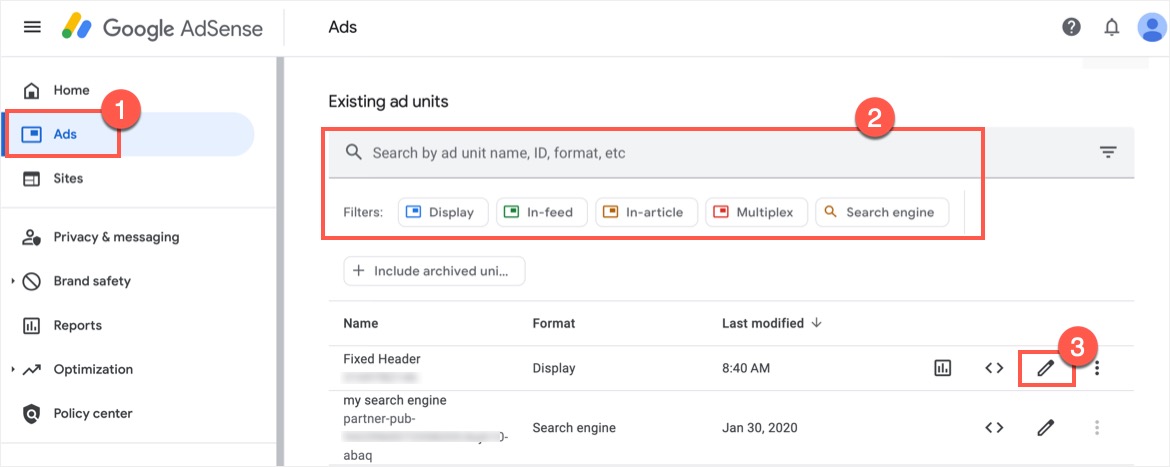 Edit AdSense Ad Unit