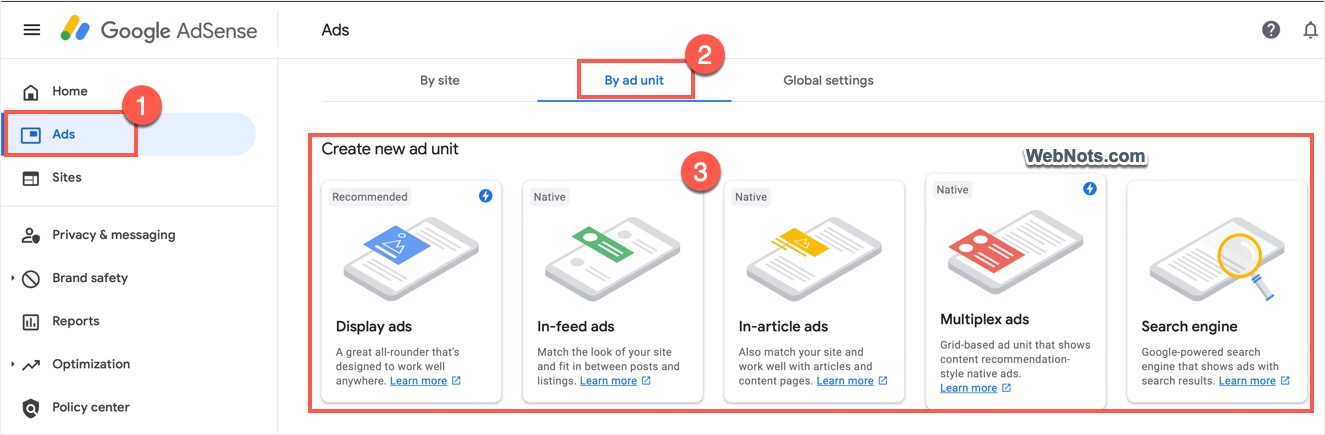 Select Ad Unit Type in AdSense
