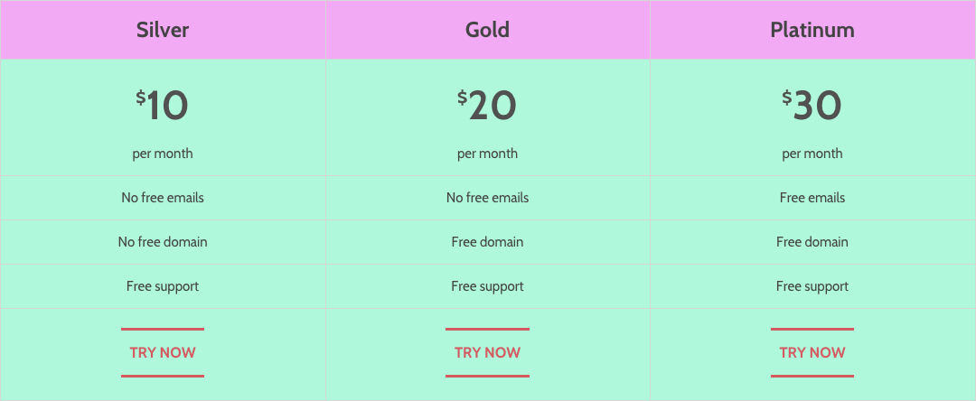 Pricing Table Created with Weebly Pricing Chart App