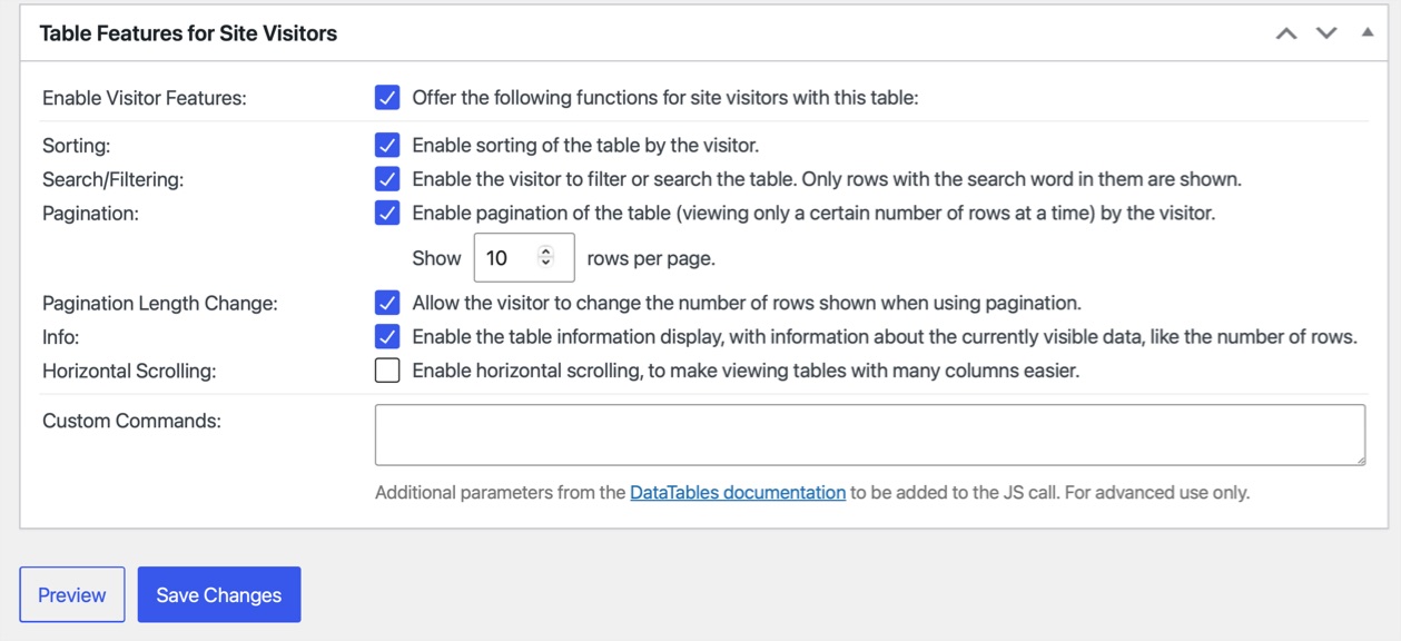 Table Features for Site Visitor