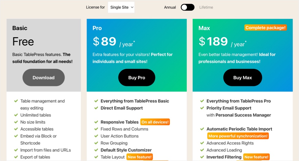 TablePress Pricing Plans