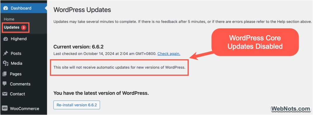 WordPress Core Updates Disabled