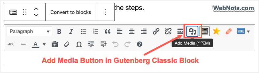 Add Media in Gutenberg Classic Block