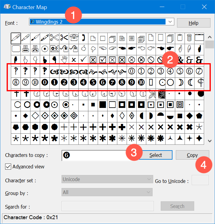 Circled Numbers in Character Map