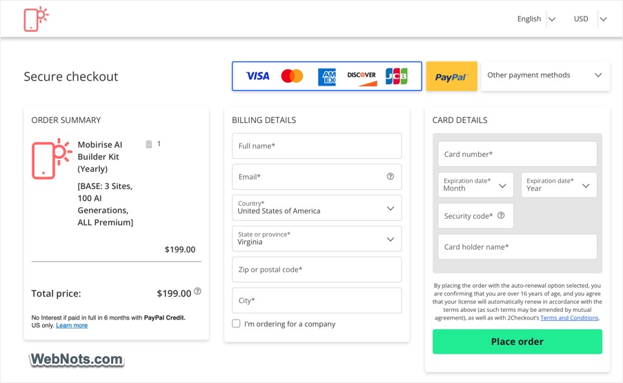 Mobirise Checkout Page