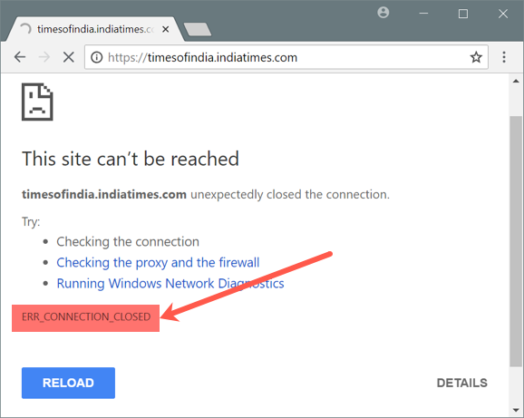 site cannot be reached connection reset chrome