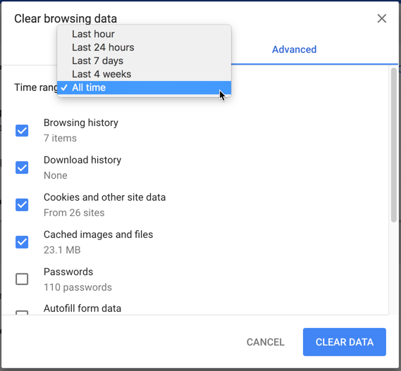 Clear Browsing Data in Chrome