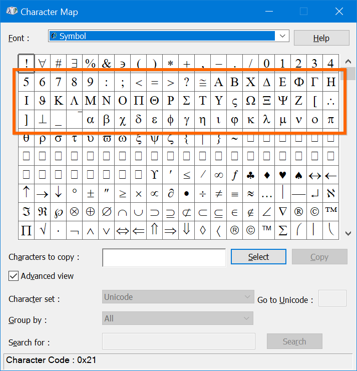 Math Symbols in Character Map