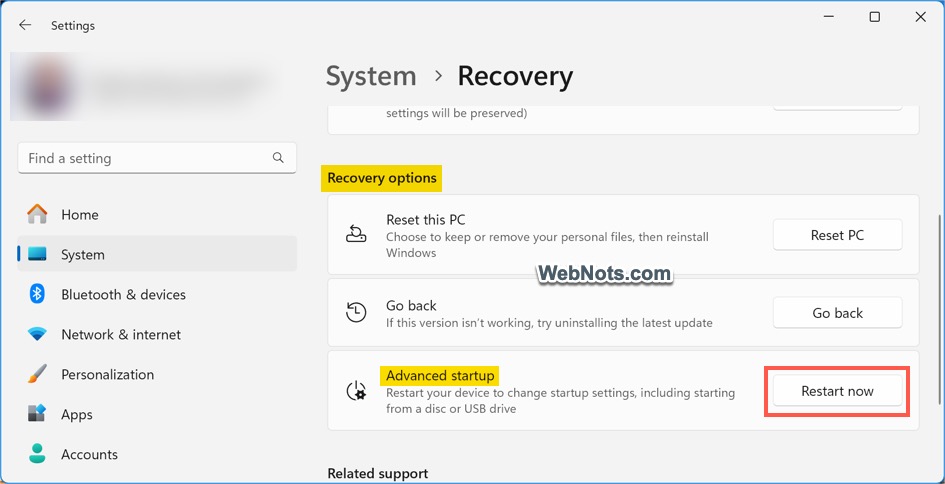 Advanced Startup Settings in Windows 11