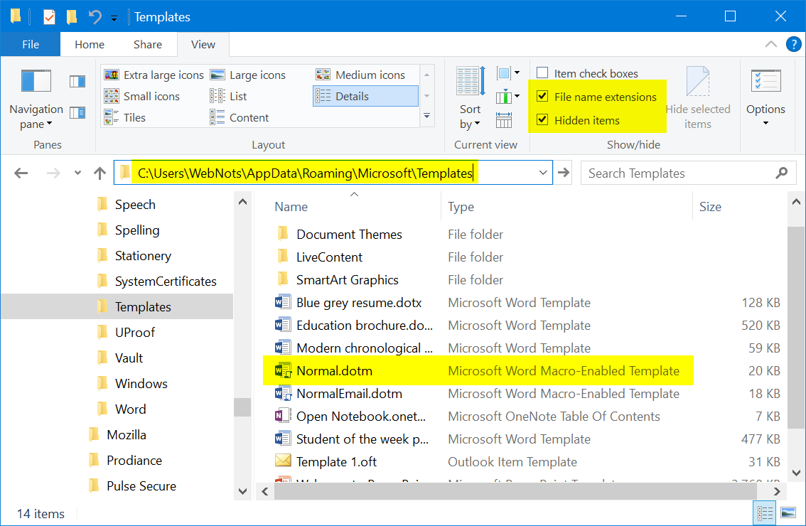 View Word Template File in Windows 10