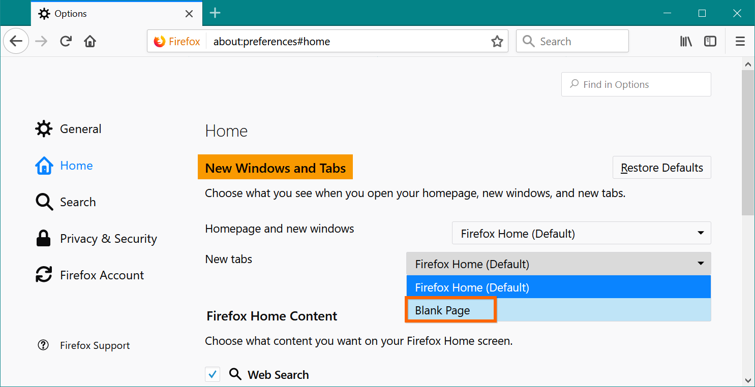 Установка пустой домашней страницы и новой вкладки в Firefox
