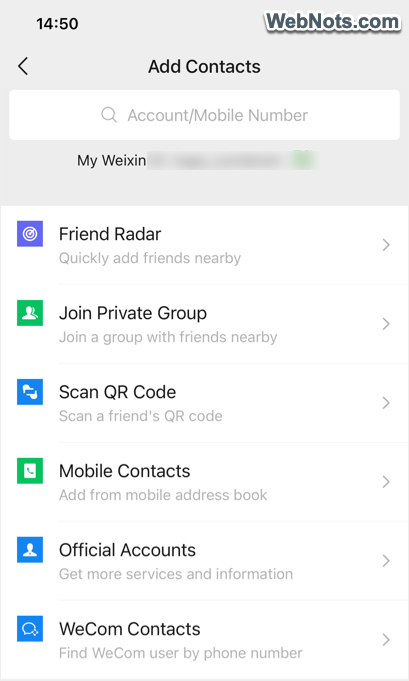 WeChat Add Contacts Option
