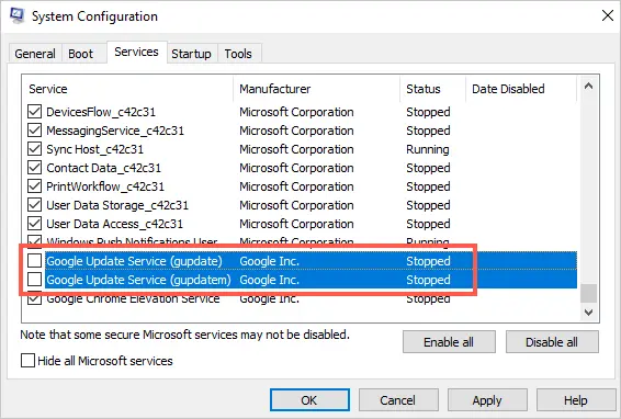 Disable Chrome Updates in System Configuration