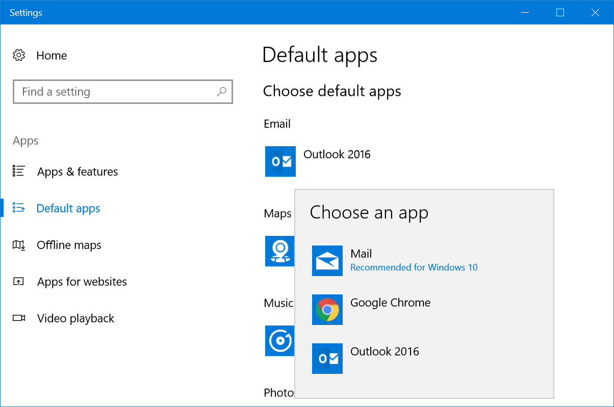 cannot change default email app windows 10