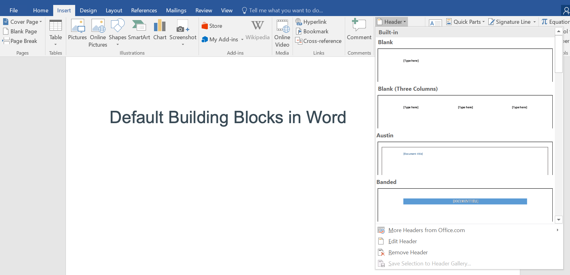 Default Building Blocks in Microsoft Word