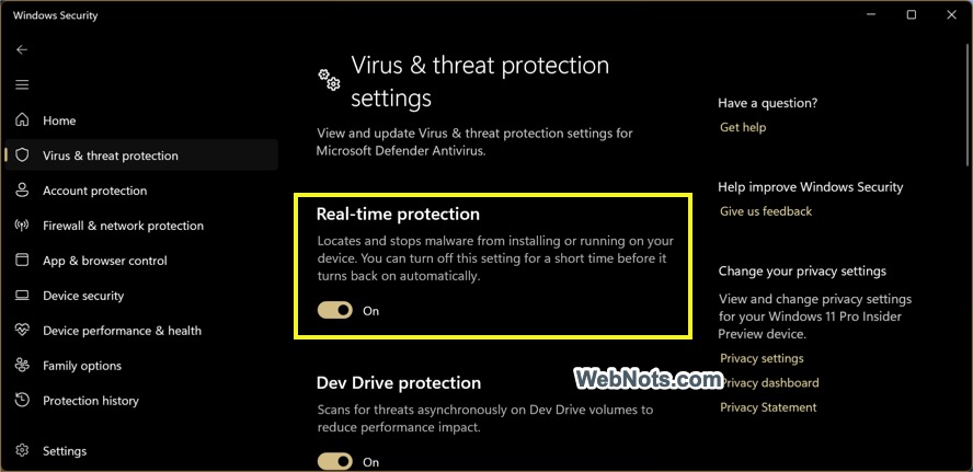 Disable Real Time Protection in Windows 11