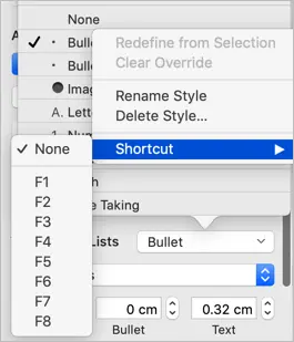 microsoft word keyboard shortcut for moving bullet left mac