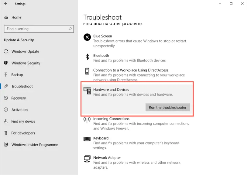 display adapter troubleshooter windows 10 not showing up