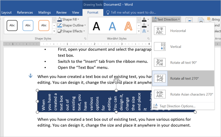 how to change horizontal alignment in word text box