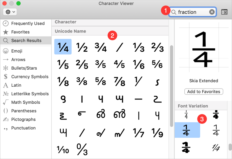 Inserindo números de frações do Visualizador de Caracteres Mac