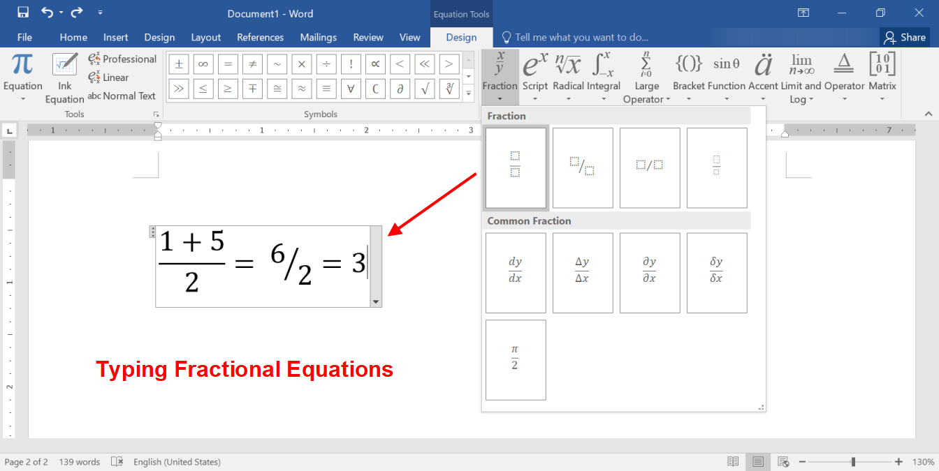 microsoft word create fraction