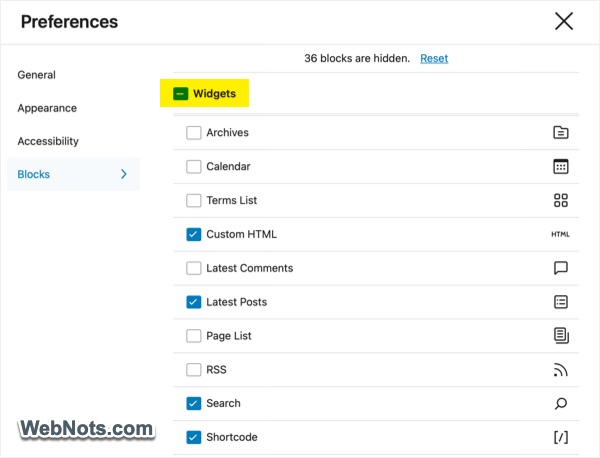Widgets Blocks Category