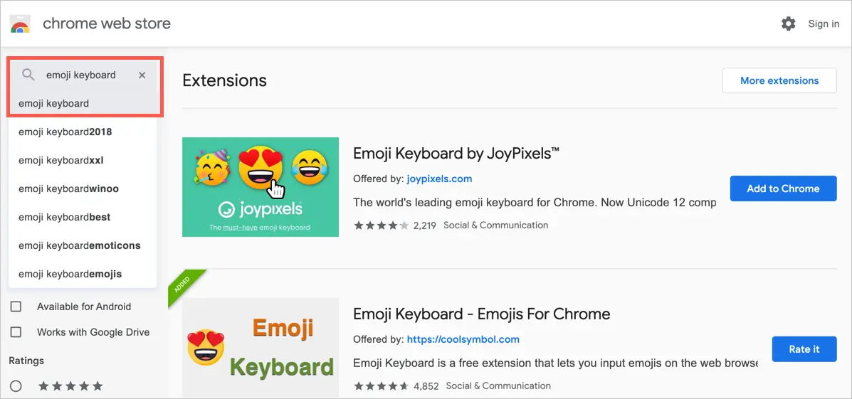  Chrome Web Mağazası'nda Emoji Klavye Uzantılarını Ara