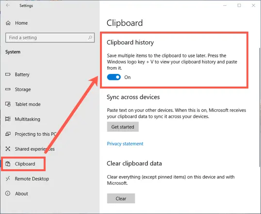 Enable Clipboard History from Settings