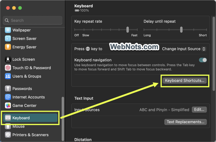 Open Keyboard Shortcuts Settings in Mac