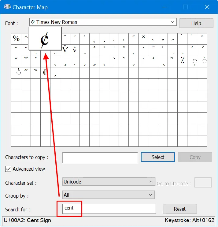 Insert Cent Sign with Character Map in Windows