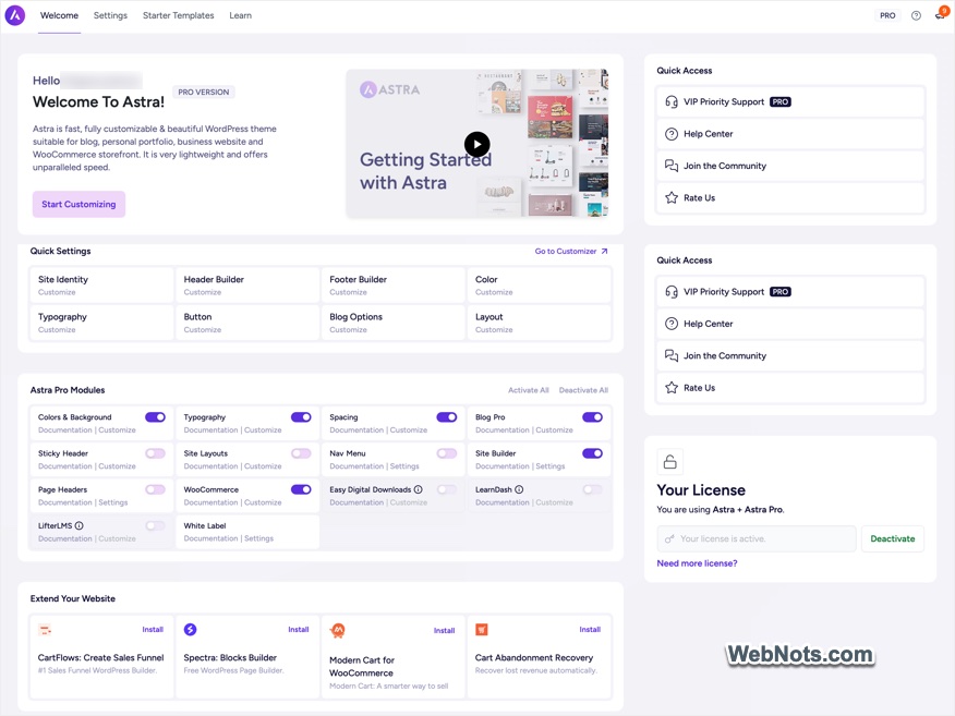 Astra Theme Dashboard