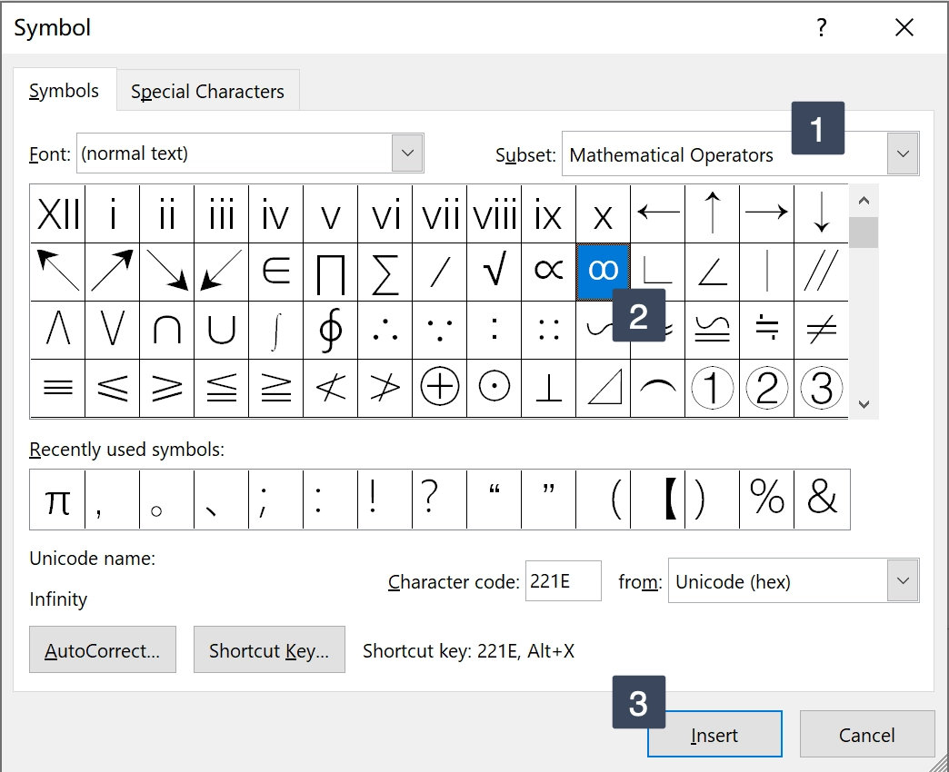 keyboard shortcut for infinity symbol