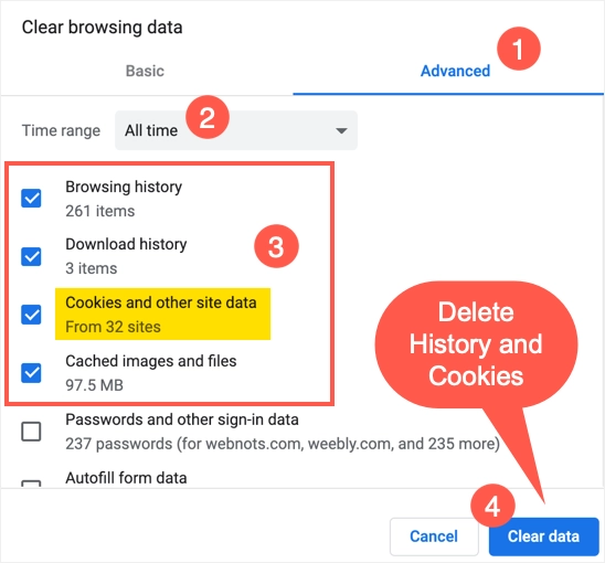 Delete History and Cookies in Chrome