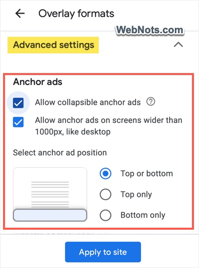 Anchor Ads Settings