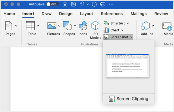 Insert Screen Clipping in Word for Mac