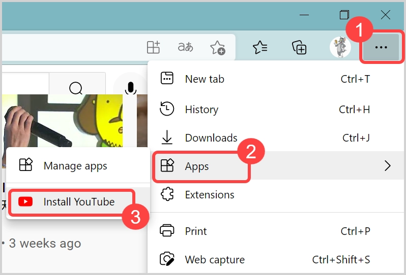 Install YouTube from Edge Menu