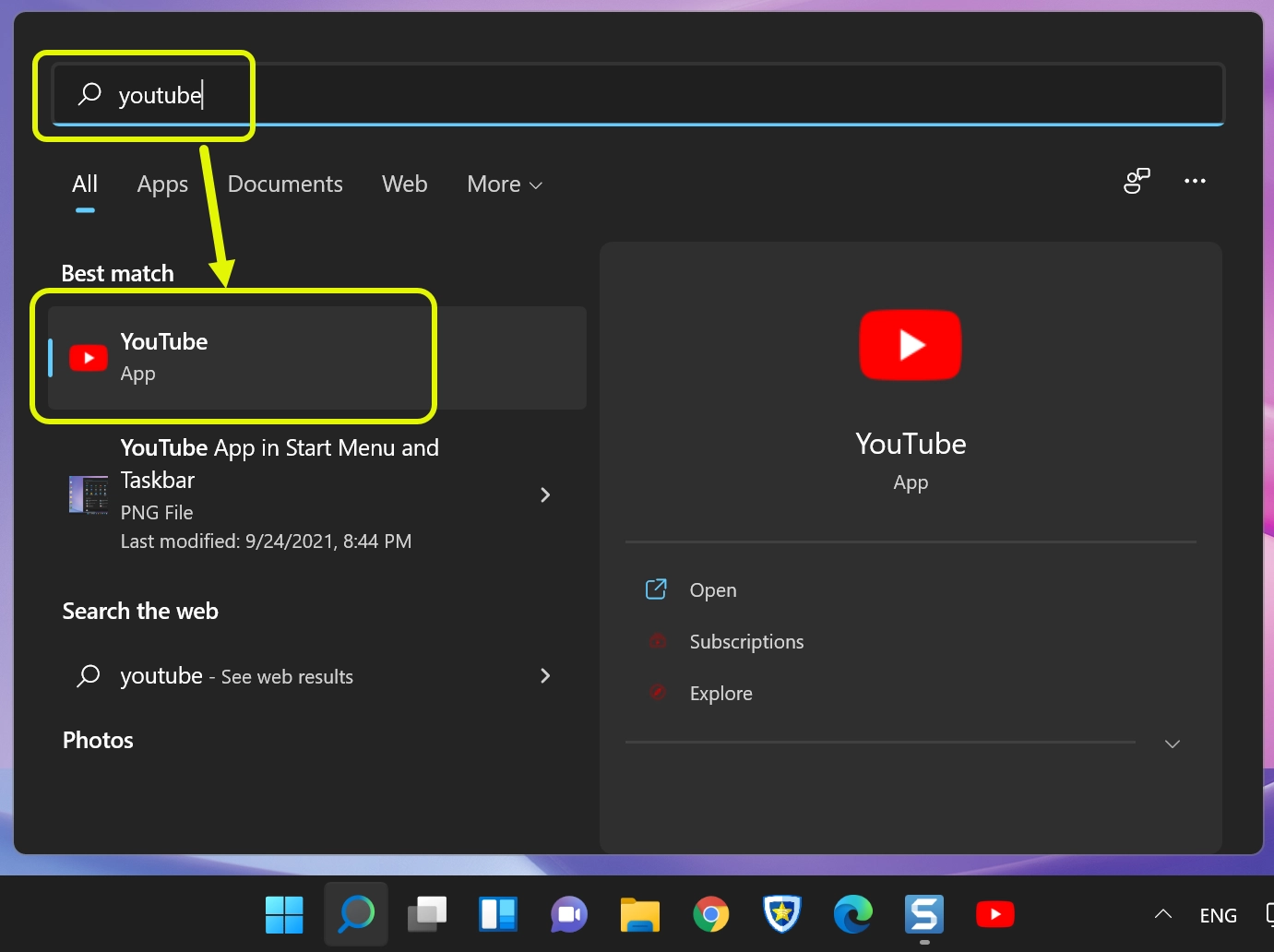 Search YouTube App in Windows 11